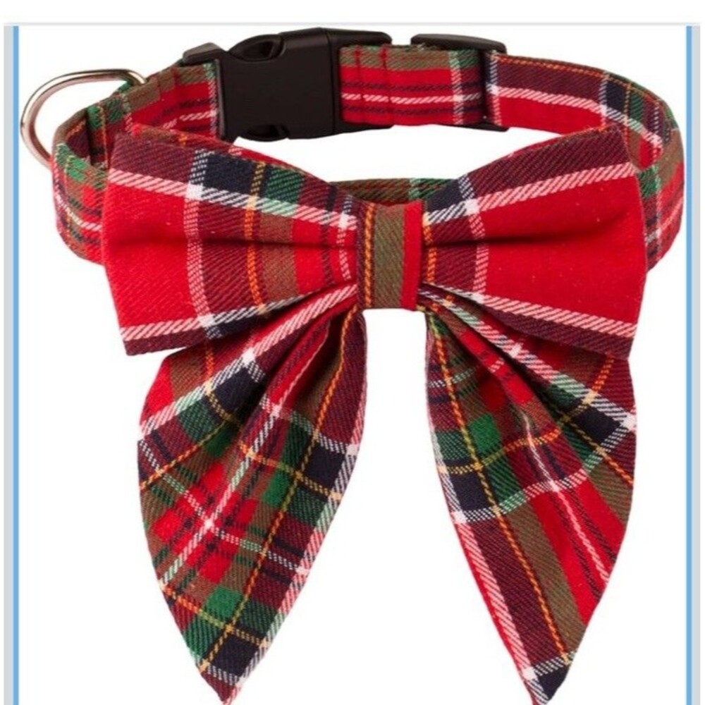 Christmas Dog Collar Classic Red Plaid Removable Bow Tie Adjustable Medium